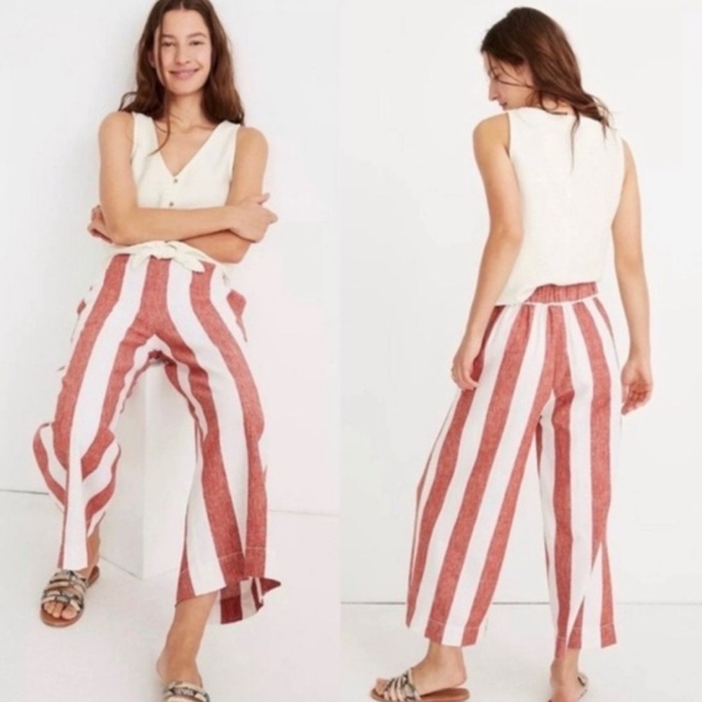 Madewell Red and White Striped Wide Leg Linen Pants